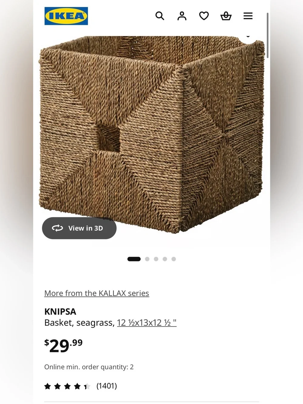 IKEA KNIPSA Seagrass Storage Basket - Brown